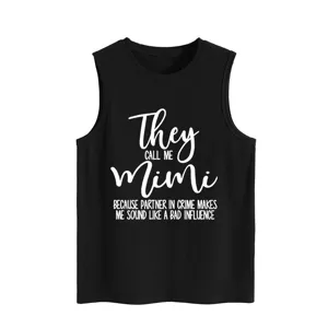 Black slogan print tank top detail, casual sleeveless shirt design, comfortable summer wear.