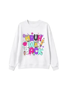 Detailed front view of the white long sleeve sweatshirt featuring back to school graphic.