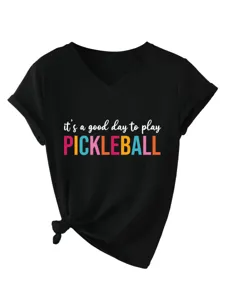 Casual women's black V-neck short sleeve T-shirt with stylish front knot and pickleball graphic.