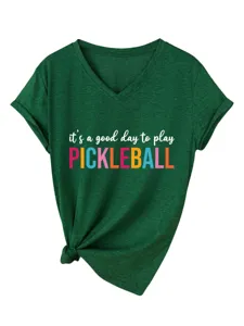 Casual green v-neck short sleeve women's t-shirt featuring pickleball print and knot hem.