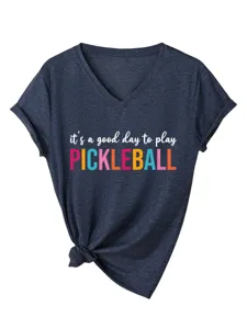Dark grey V-neck short sleeve T-shirt for women with pickleball print and cute knot hem design.