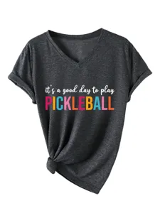 Women's V-neck short sleeve T-shirt casual charcoal top with pickleball graphic design.
