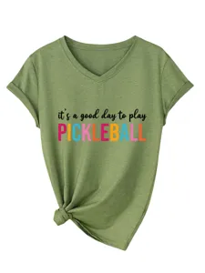 Olive green V-neck short sleeve tee with front pickleball graphic and knotted hem detail.