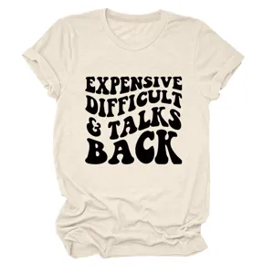 Casual beige dames t-shirt met korte mouwen en grafische letterprint, zacht en comfortabel.