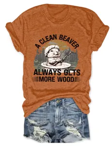 Lustiges grafisches T-Shirt Detailansicht, niedlicher Biber Druck Kurzarmshirt für Damen.