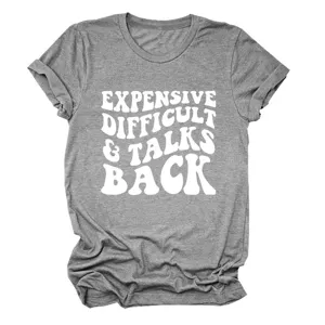 Dames grijs korte mouw t-shirt met grappige slogan print, casual ronde hals grafische top.
