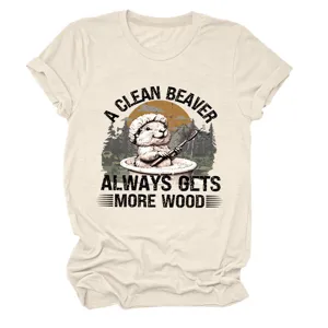 Detailansicht Damen Freizeit Rundhals Kurzarm T-Shirt mit lustigem Biber Grafikmotiv.