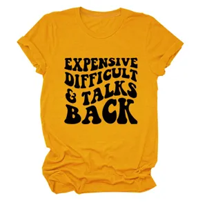 Gedetailleerd overzicht van het gele casual dames T-shirt met coole zwarte retro tekstprint.