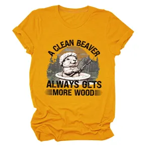 Lustiges gelbes Damen Kurzarm T-Shirt mit niedlicher Biber Grafik und witzigem Spruch motiv.