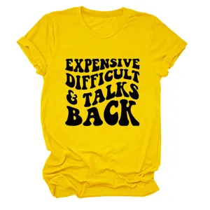 Gedetailleerd overzicht van het gele dames t-shirt met korte mouwen en zwarte print.