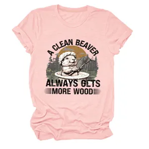 Lässiges rosa Damen Kurzarm T-Shirt mit niedlichem Biber-Bad Grafikdruck für den Alltag.