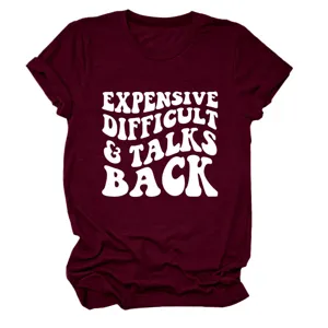 Bordeauxrood t-shirt met korte mouwen en retro grappige letterprint voor dames casual.