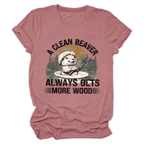 Lässiges Damen Rundhals Kurzarm Grafik T-Shirt mit witzigem Biber Print Motiv und Spruch.