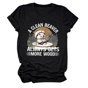 Damen schwarzes Kurzarm T-Shirt mit lustigem sauberem Biber Grafikdesign Lässiges Oberteil.