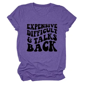 Paars casual t-shirt met korte mouwen voor dames met retro grappige quote print.