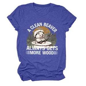 Lässiges Damen Kurzarm Rundhals T-Shirt mit lustigem Biber Grafik-Print in Blau.