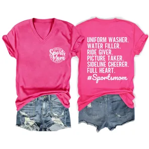 Maglietta donna scollo V manica corta con stampa lettere, top casual sport mom estivo.