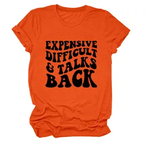 Oranje t-shirt met korte mouwen en grappige tekstprint voor dames dagelijks dragen.