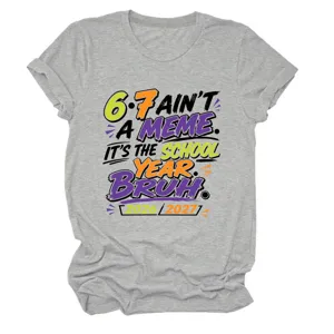 Dames grijs korte mouw t-shirt casual ronde hals top met grappige schooljaar grafische print.