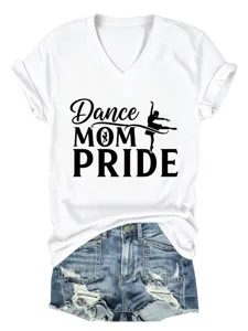 Λευκό γυναικείο t-shirt με V λαιμόκοψη και κοντά μανίκια με τύπωμα χορού casual κορυφή