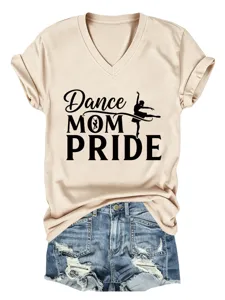 Casual γυναικείο κοντομάνικο T-shirt με V λαιμόκοψη και dance mom pride λεπτομέρεια σχεδίου.