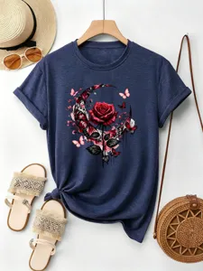 Damen dunkelblaue Kurzarm T-Shirt mit Rosen und Schmetterling Grafik Print Freizeit Top
