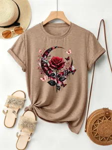 Damen Freizeit Kurzarm T-Shirt Vintage rote Rose Schmetterling Print Baumwolle Top