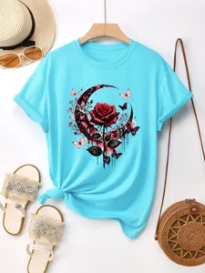 Hellblaues Kurzarm T-Shirt mit roter Rose Mond Schmetterling Grafikdruck Freizeit