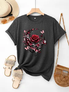 Damen Freizeit T-Shirt in Grau mit rotem Rosen Schmetterling Grafikdruck fur Alltag.