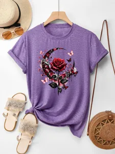 Damen lässiges violettes Kurzarm T-Shirt mit roter Rose Schmetterling Mond Print.