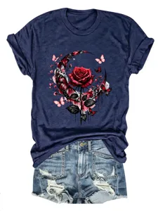 Damen dunkelblaues Kurzarm T-Shirt mit roter Rose und Schmetterling Print, lässiges Oberteil.