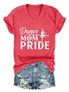 Κόκκινο γυναικείο κοντομάνικο t-shirt V-neck με τύπωμα χορός μαμά περηφάνια casual