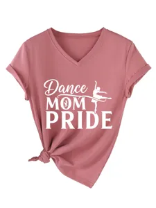Casual γυναικείο κοντομάνικο T-shirt με V λαιμόκοψη, στάμπα χορεύτριας και κομψό κόμπο.
