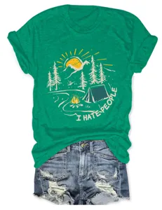 Donna maglietta casual verde a maniche corte con grafica campeggio I hate people girocollo
