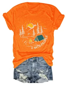 T-shirt donna casual girocollo a manica corta con stampa grafica da campeggio arancione