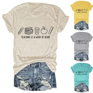 T-shirt décontracté à manches courtes pour femme avec imprimé enseignant et confort optimal.