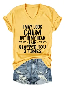 Casual v-neck short sleeve graphic t-shirt with denim shorts, funny slogan print apparel.
