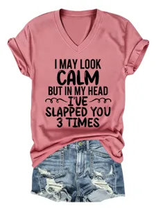 Women's V-Neck Short Sleeve Casual Funny Letter Print T-Shirt Summer Fashion Tops