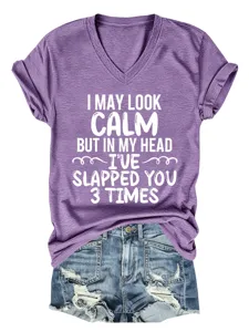 Purple V-neck short sleeve graphic t-shirt casual summer top with funny quote print for women.