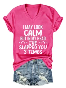 Casual pink V-neck short sleeve t-shirt with funny letter print for women summer daily wear