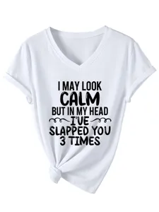 Casual white V-neck short sleeve t-shirt with funny letter print and cute side knot hem.