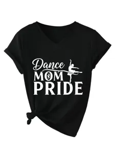 Μαύρο γυναικείο κοντομάνικο t-shirt V-neck με τύπωμα Dance Mom Pride και κομψό κόμπο.