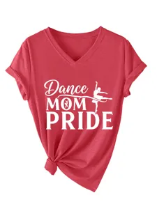 Κόκκινο γυναικείο T-shirt με V λαιμόκοψη, κοντά μανίκια, χορευτικό τύπωμα και κόμπο.