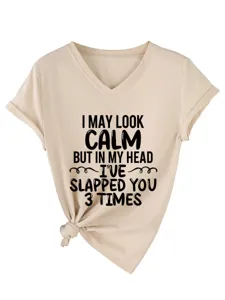 Women casual V-neck short sleeve t-shirt with funny quote print and front knot design.