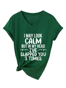 Women Casual V-Neck Short Sleeve Funny Slogan Print T-Shirt Green Summer Basic Tee Top