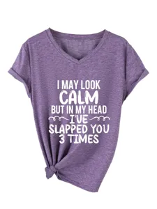 Casual women's purple V-neck short sleeve t-shirt with funny quote print and knot hem detail.