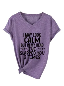 Women casual V-neck short sleeve T-shirt with funny letter print heather purple top
