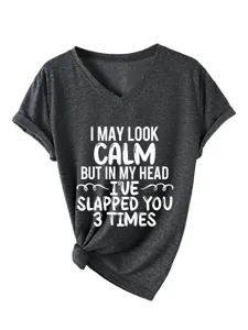 Women V-Neck Short Sleeve T-Shirt Casual Loose Tee Top with Funny Letter Print