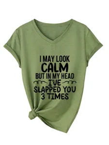 Casual green V-neck women short sleeve T-shirt featuring funny quote graphic print top.