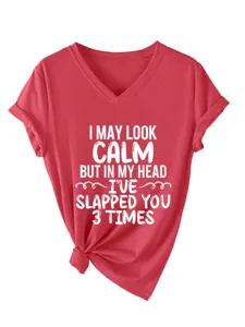 Women casual V-neck short sleeve T-shirt with funny letter print and knotted hem red
